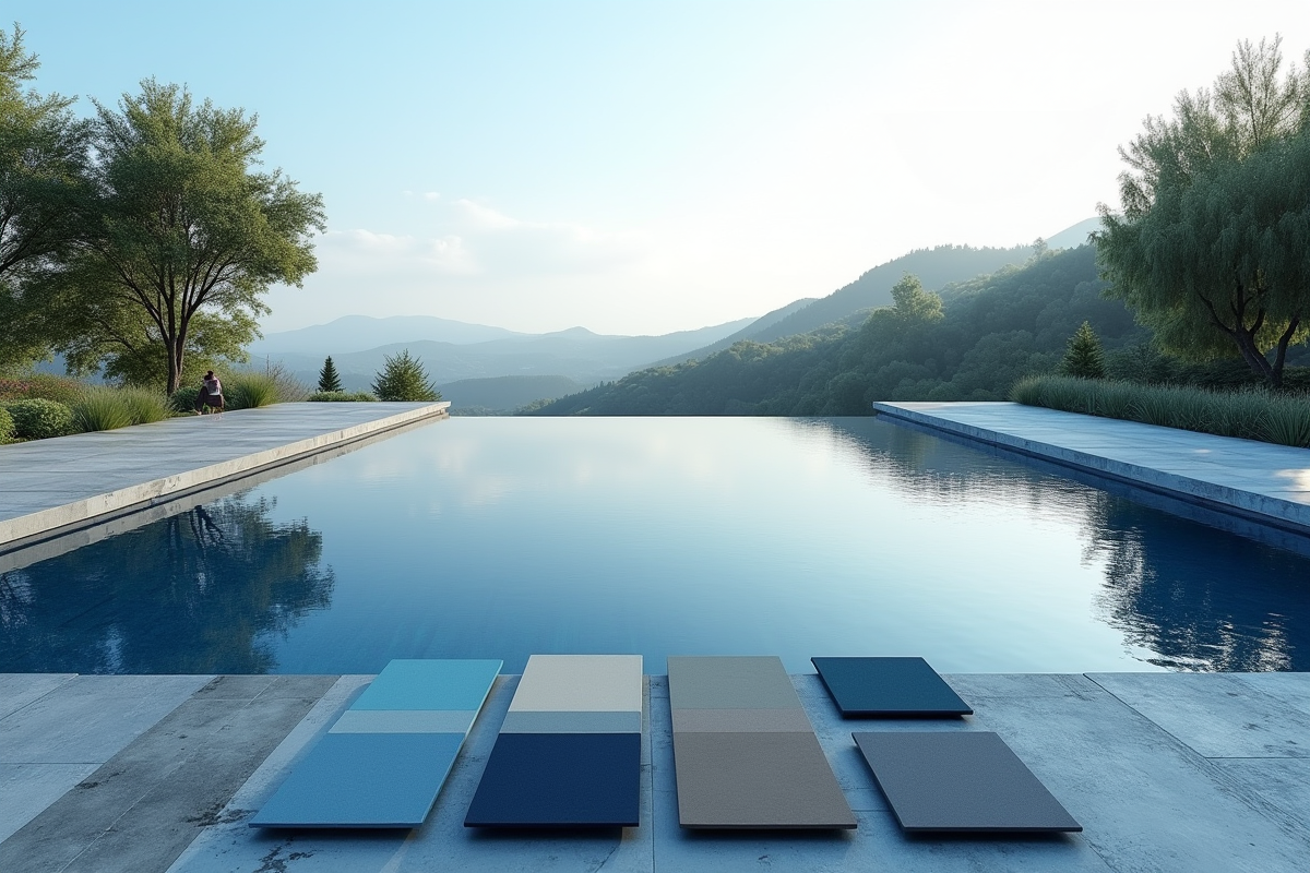 Piscine infinity avec palette de couleurs et paysage