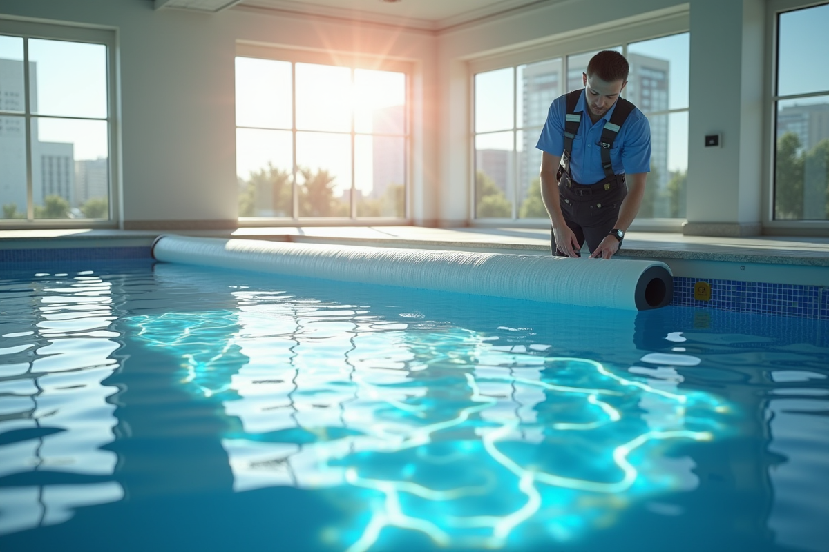 Technicien répare une couverture automatique de piscine intérieure