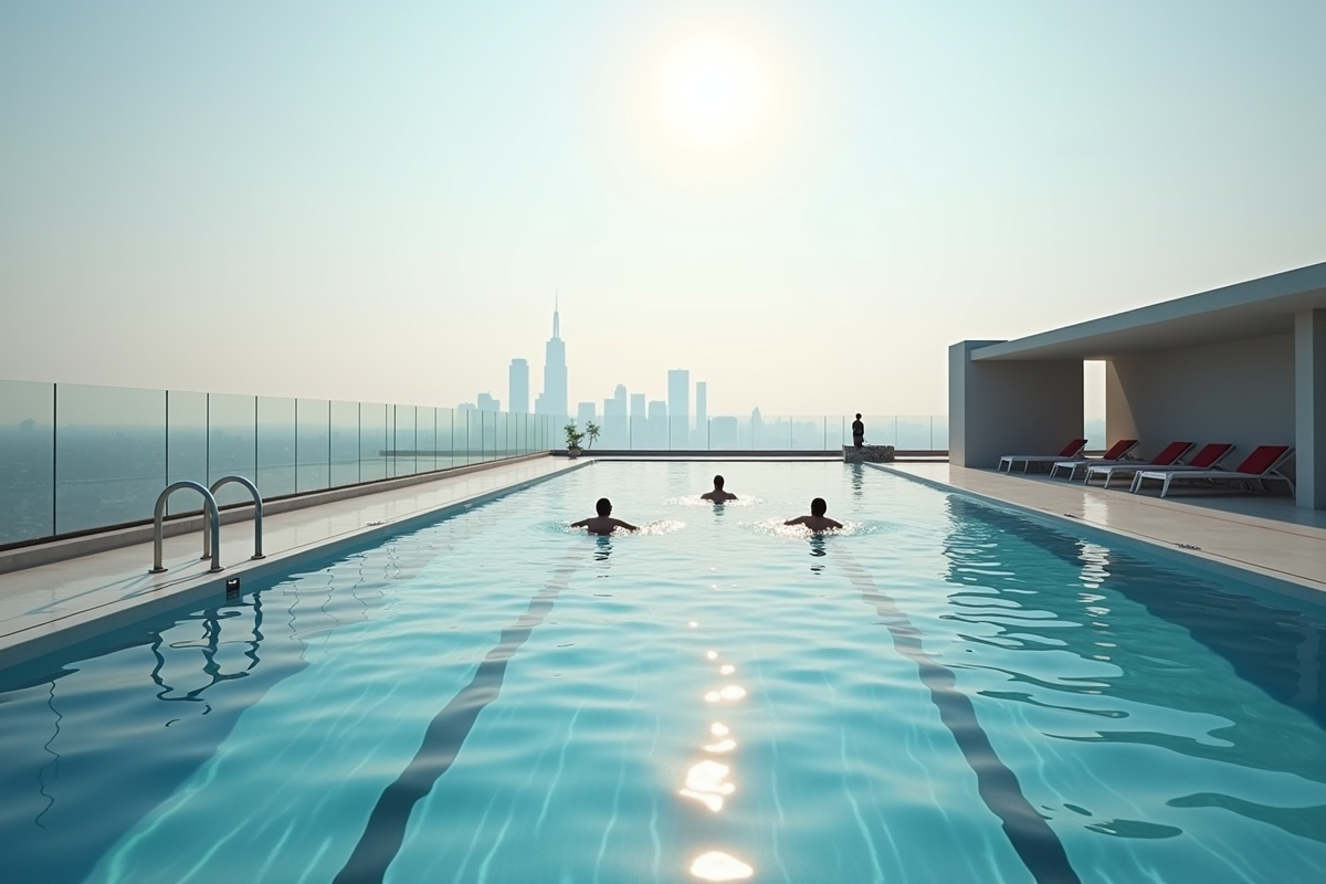 Piscine sur le toit avec vue sur la ville en plein jour