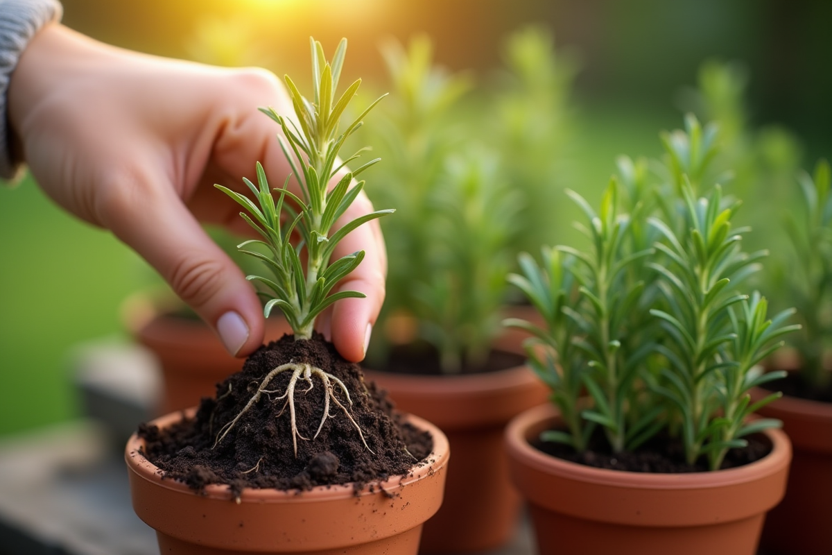 Personne plantant un romarin aux racines saines dans un pot en terre cuite en plein air