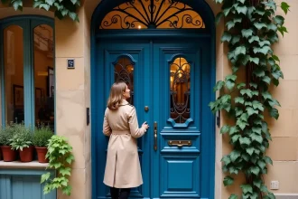 Façade d'une boutique parisienne confidentielle avec une porte bleue cobalt et une femme en trench beige sur une ruelle pavée