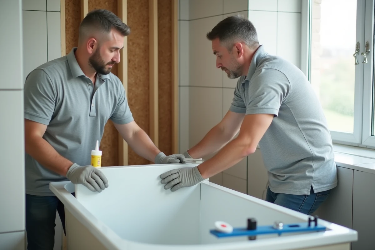 Installateur posant une dalle murale PVC étanche dans une salle de bain avec adhésif waterproof et niveau à bulle