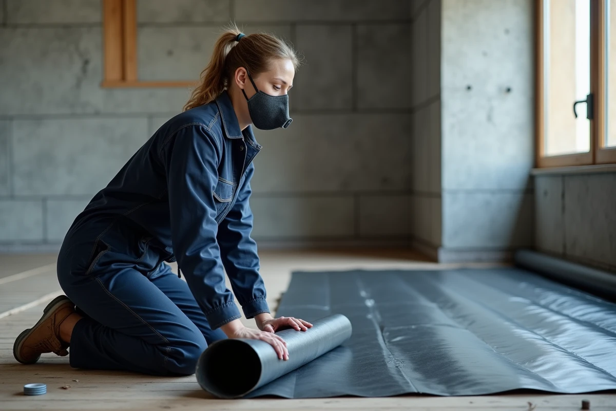 Technicienne en isolation déroulant une membrane TRISO Noir sur le sol d'un chantier de rénovation pour assurer l'étanchéité à l'air