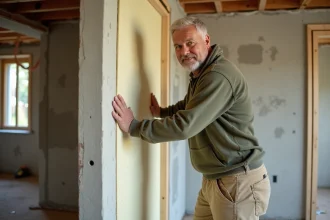 Artisan posant une plaque d'isolation thermique rigide contre un mur en béton lors de travaux de rénovation intérieure