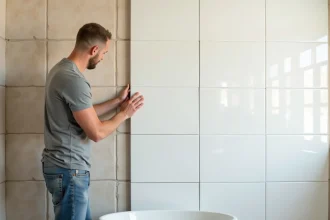Pose de plaques PVC blanches sur un ancien carrelage beige dans une salle de bain en rénovation