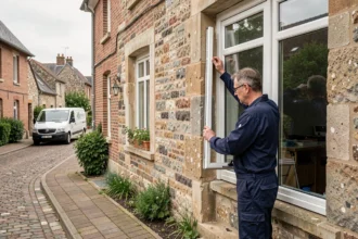 Un poseur de fenêtres professionnel mesure un cadre de fenêtre sur une maison normande en Seine-Maritime