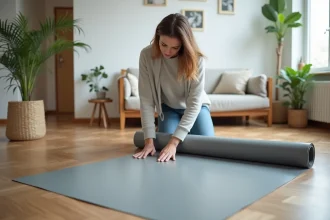 Femme posant un plancher PVC dans un salon moderne