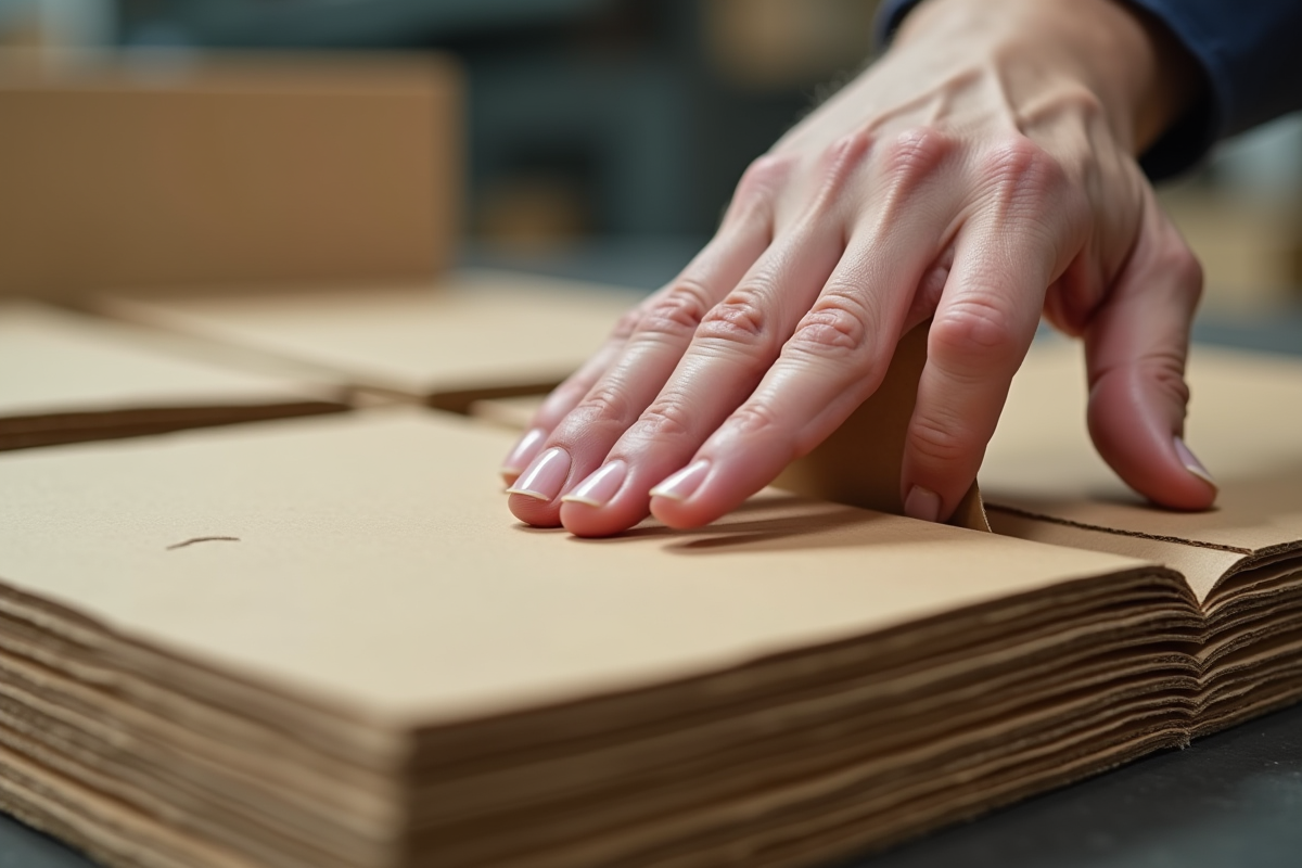 Main appuyant sur un carton ondulé avec fibres visibles en lumière douce