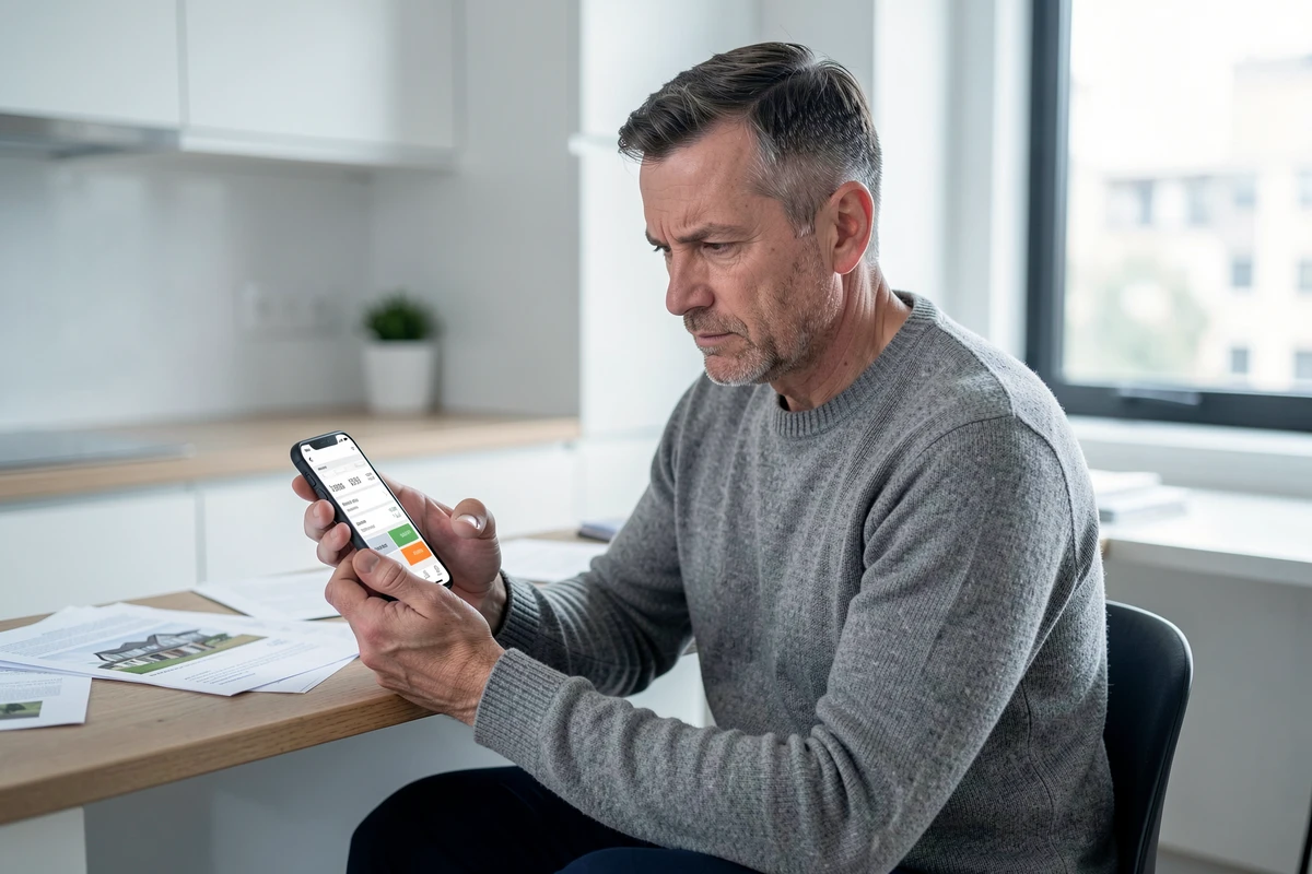 Promoteur immobilier évaluant seul le coût de l'application lamaison360 sur son smartphone depuis son bureau à domicile