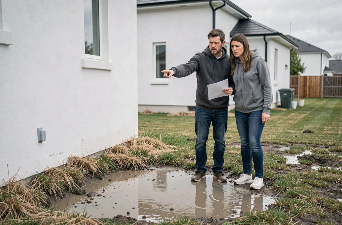 Couple de propriétaires constatant des problèmes de drainage et d'accumulation d'eau dans le jardin de leur maison neuve