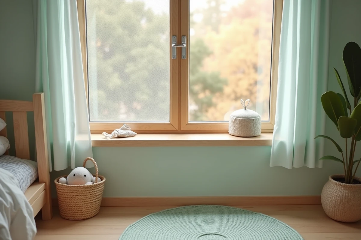 Vue d'ensemble d'une chambre d'enfant avec protections simples contre les insectes : moustiquaire, rangements hermétiques et sachets naturels