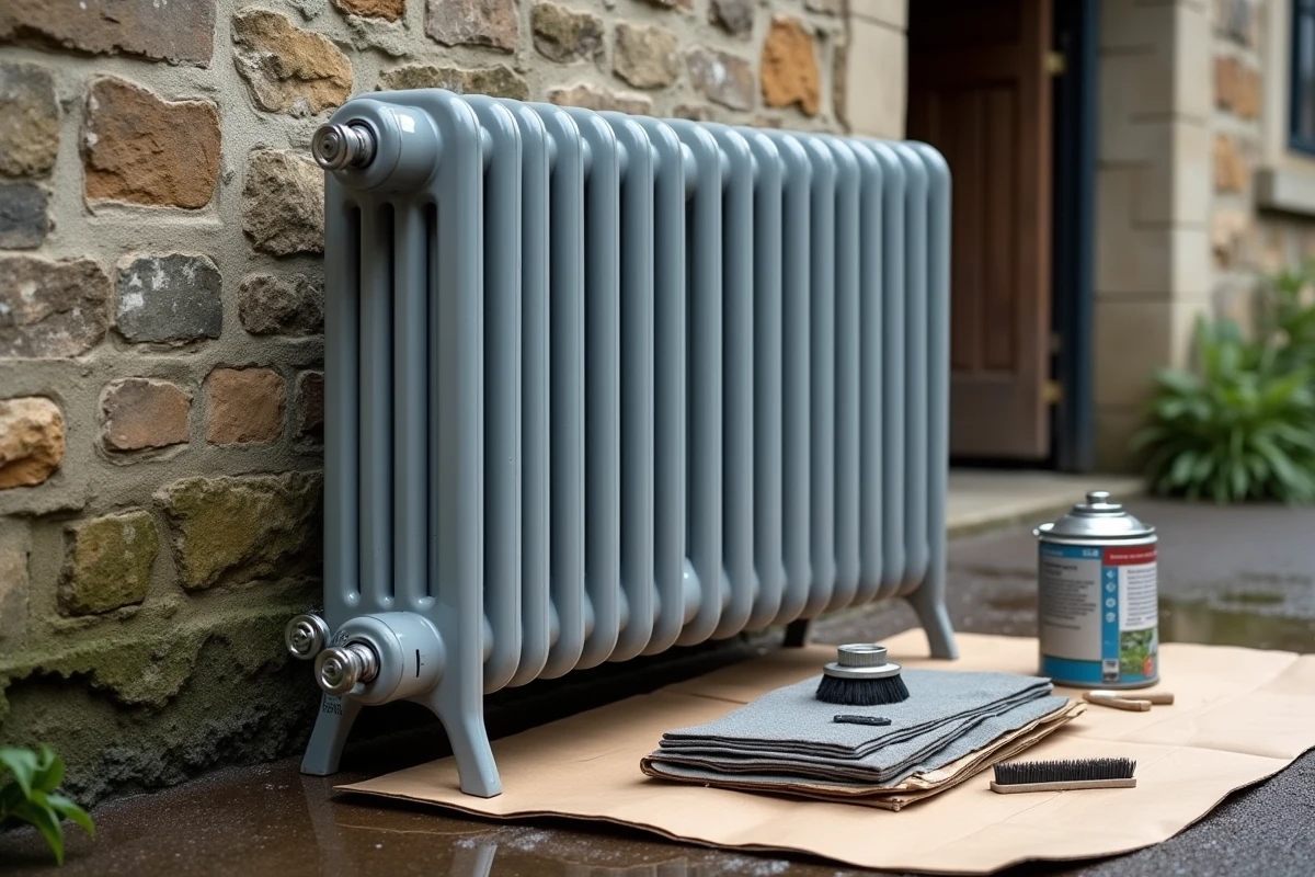 Radiateur de garage décapé et apprêté appuyé contre un mur en pierre humide avec outils de sablage au sol