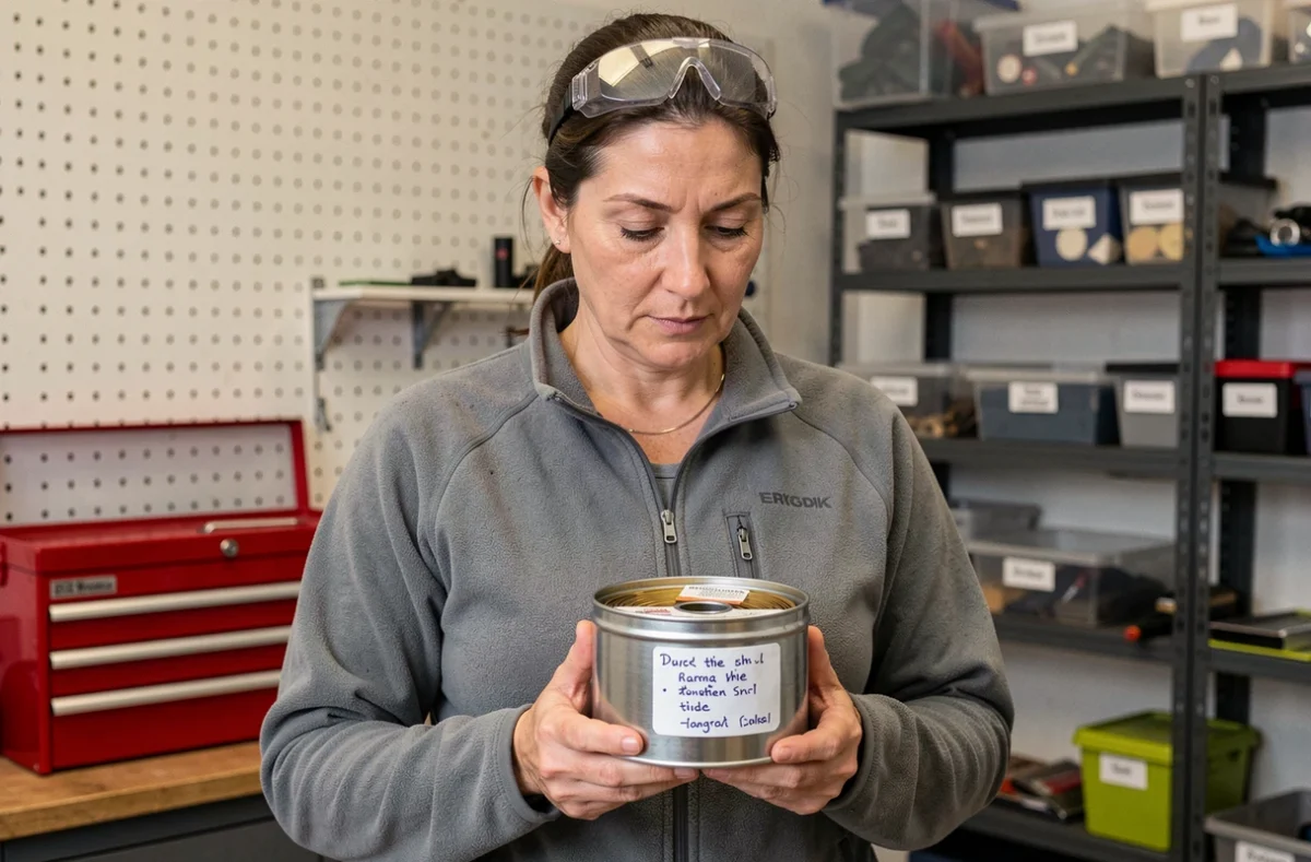 Femme consultant l'étiquette d'une boîte hermétique de rangement pour bobine de fil fourré dans un garage atelier