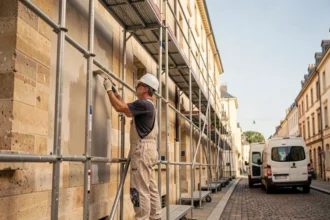 Ouvrier professionnel réalisant un ravalement de façade sur un immeuble en pierre de Bordeaux, Gironde