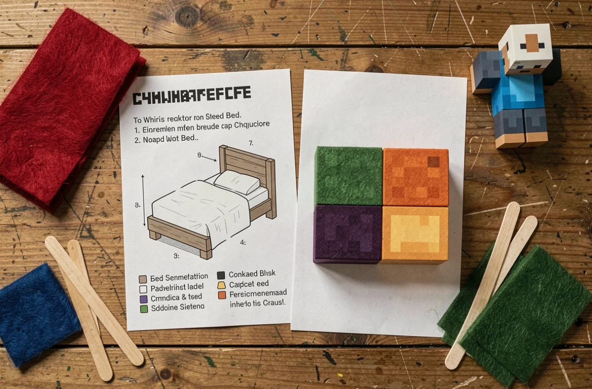 Vue aérienne d'une recette de craft de lit Minecraft imprimée entourée de laine colorée et d'accessoires en bois