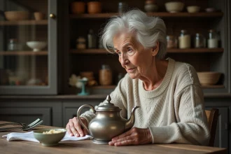 Femme âgée polissant un théière en argent ancien