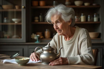 Femme âgée polissant un théière en argent ancien