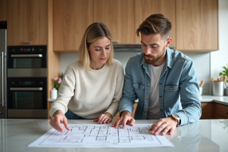 Une femme et un jeune homme regardent un plan de cuisine