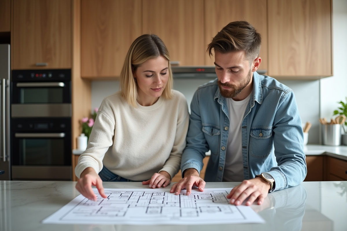 Une femme et un jeune homme regardent un plan de cuisine