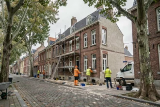 Vue grand angle d'une maison en brique rénovée dans les Hauts-de-France avec des ouvriers en train de finir les travaux de façade