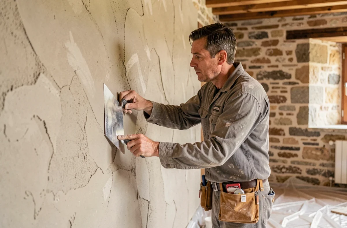 Artisan spécialisé en rénovation appliquant de l'enduit sur un mur intérieur en pierre pour Rénovation Julien Canhan