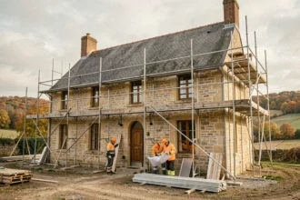 Vue générale d'une maison normande en cours de rénovation dans l'Eure avec échafaudage et artisans au travail