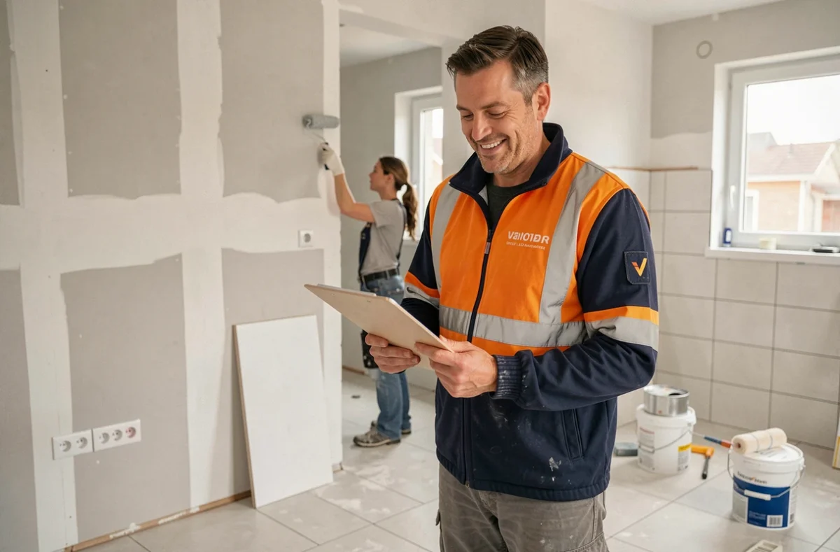 Chef de projet de rénovation complète inspectant les travaux intérieurs terminés à Valenciennes
