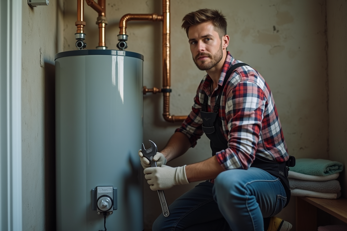Jeune homme en réparation de chauffe-eau dans un local