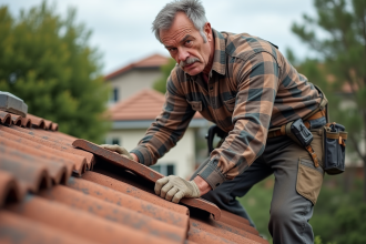 Homme moyenâgeux réparant un toit en tuiles dans un quartier résidentiel