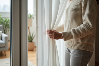Femme dans un salon scandinave ferme un rideau thermique