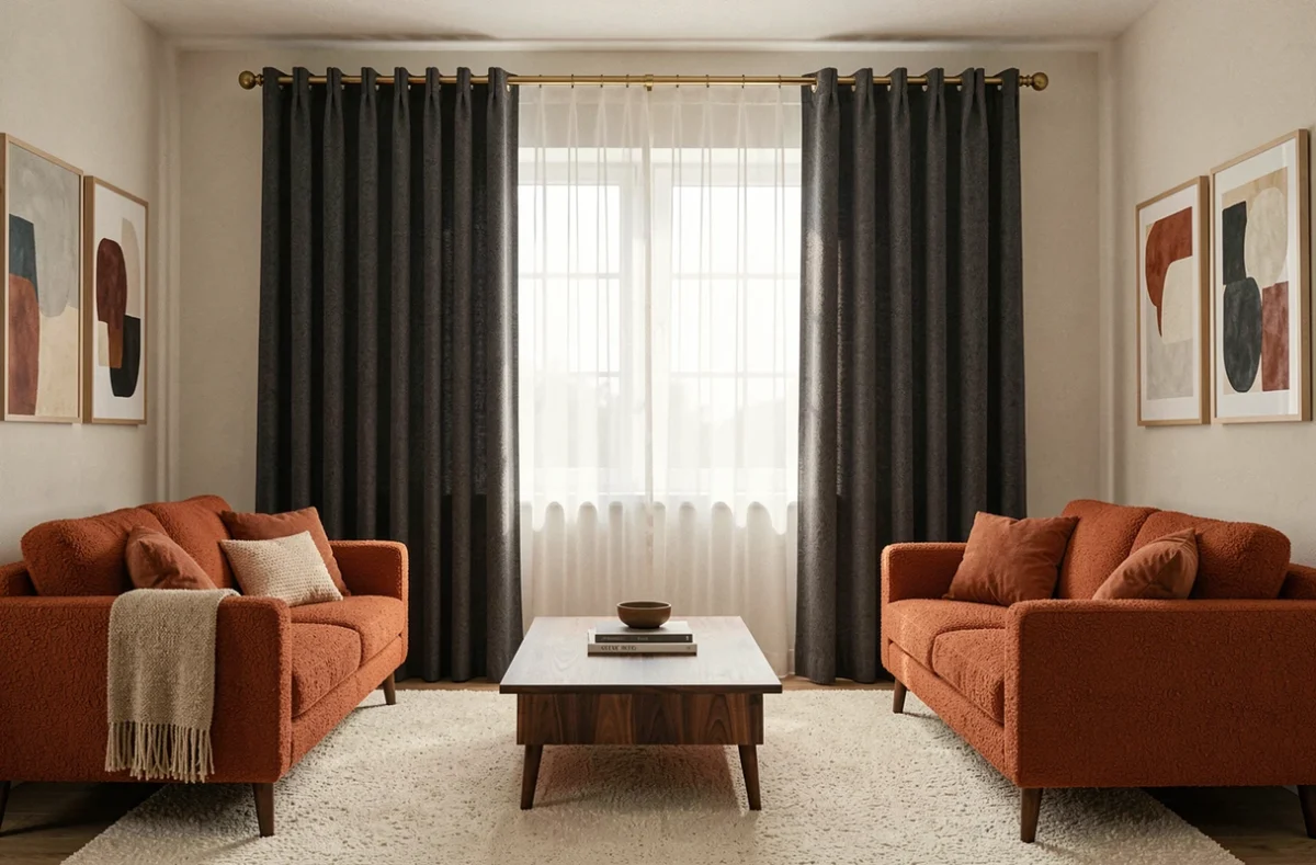 Salon décoré avec des rideaux superposés voilage blanc et drapés en laine anthracite sur tringle en laiton brossé style mid-century