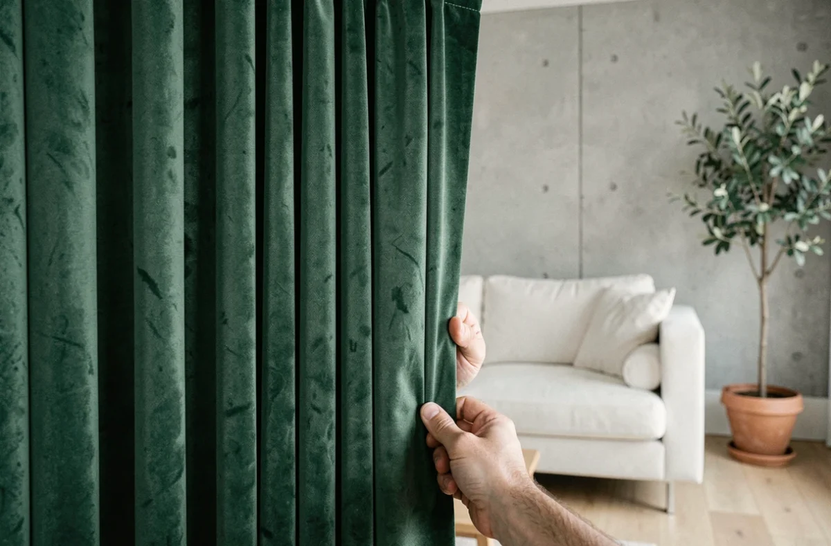 Gros plan sur des rideaux en velours vert forêt à plis pincés dans un salon scandinave contemporain au parquet en chêne clair