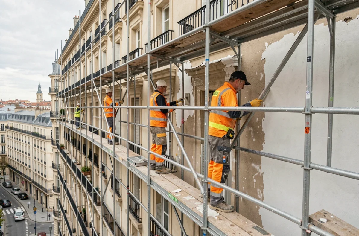 Équipe RTSO réalisant un ravalement sur un immeuble de style bordelais, couvrant Bordeaux et la Nouvelle-Aquitaine