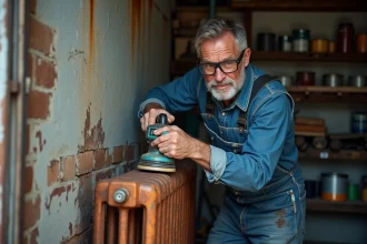 Homme ponçant un radiateur extérieur rouillé dans un garage avec une ponceuse orbitale et des lunettes de protection