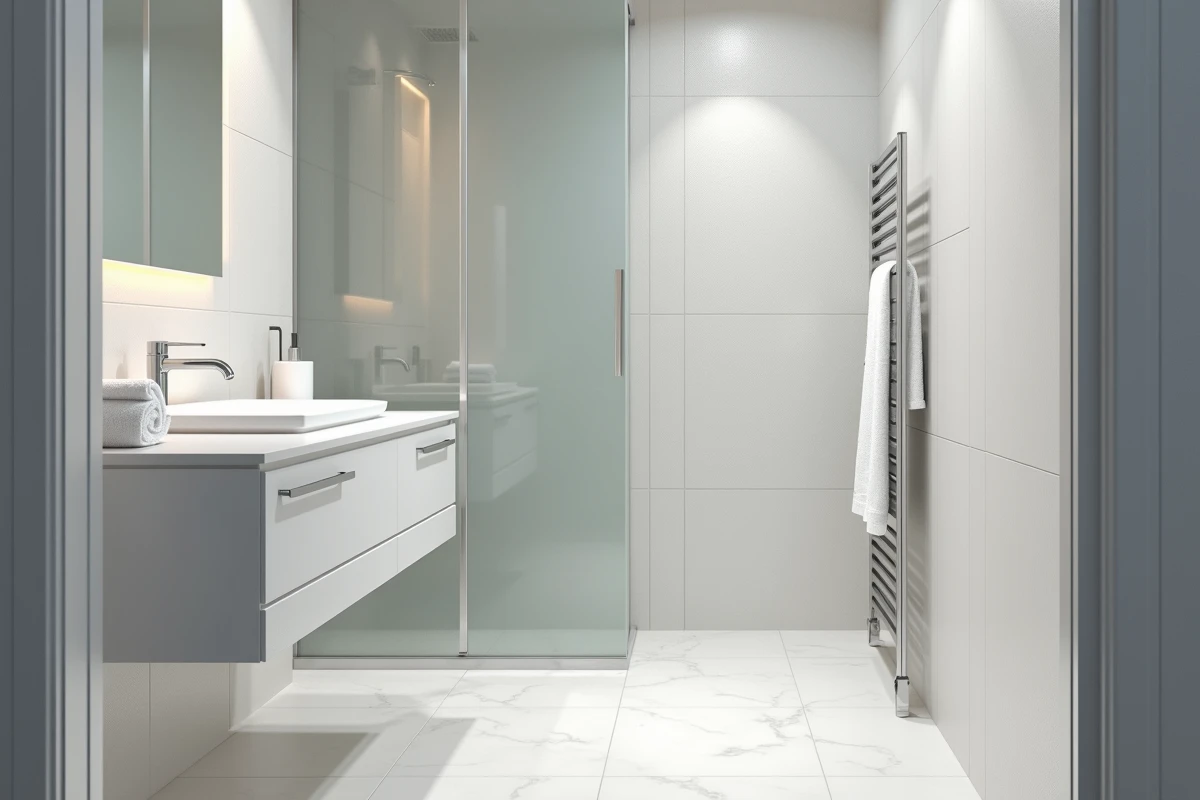 Salle de bain moderne entièrement habillée de panneaux muraux en PVC gris texturé