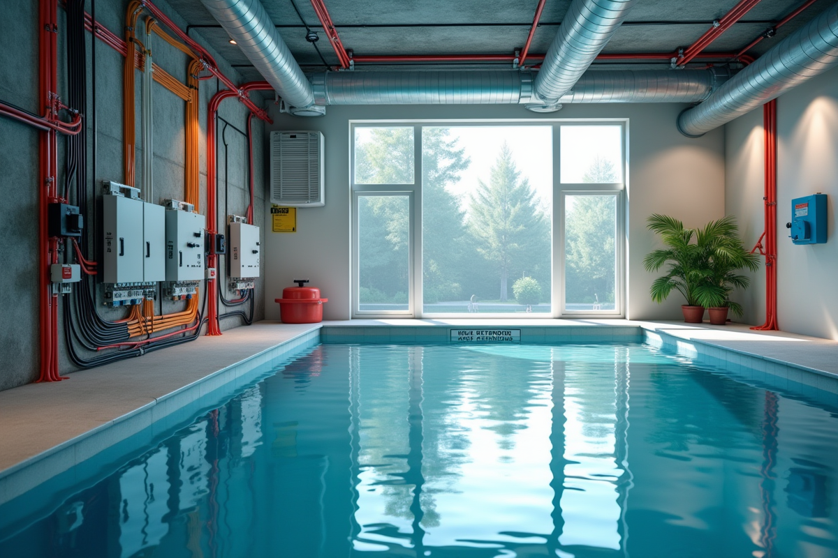 Salle technique piscine bien organisee avec cables et outils