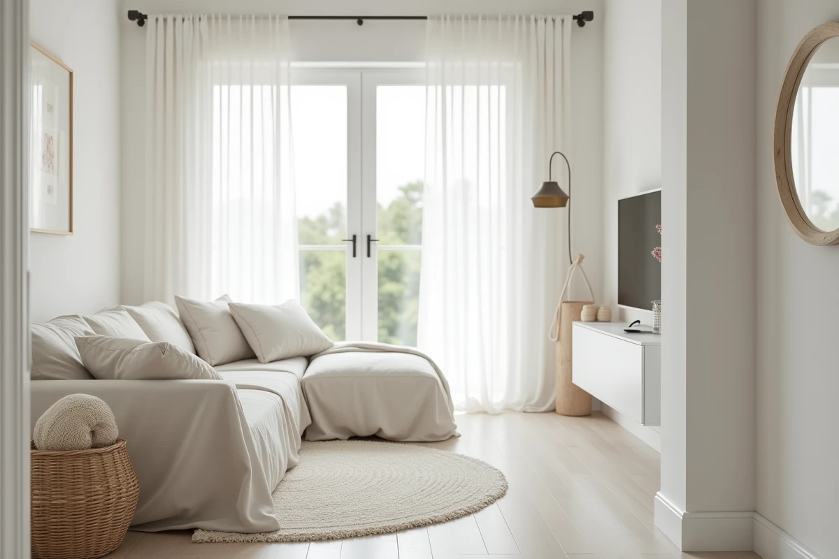 Vue d'ensemble d'un salon gris et blanc style bord de mer avec rideaux blancs et panier en herbe marine