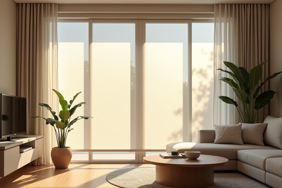 Salon moderne avec grande fenêtre et moustiquaire rétractable