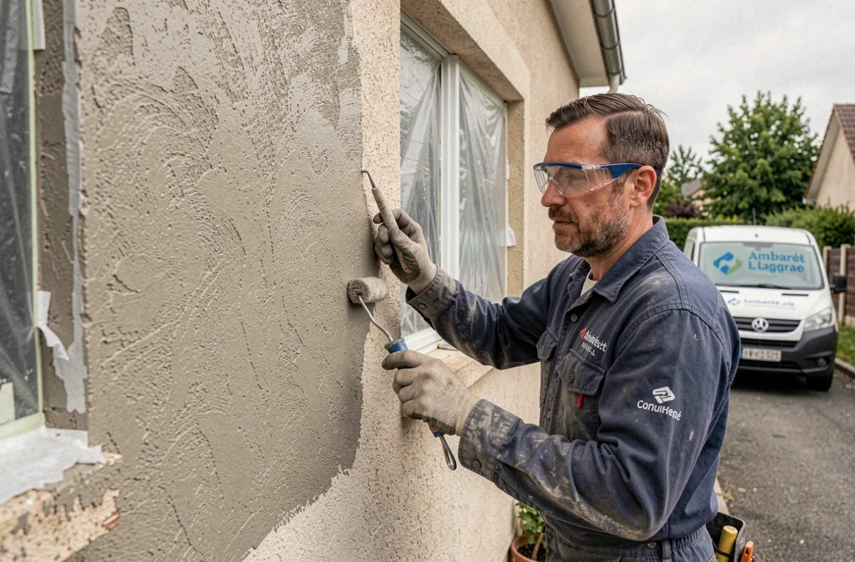 Façadier spécialisé de la SARL Ribenduit appliquant un enduit sur une maison à Ambarès-et-Lagrave