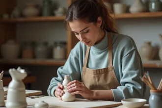Femme en atelier tenant une sculpture en argile en réflexion