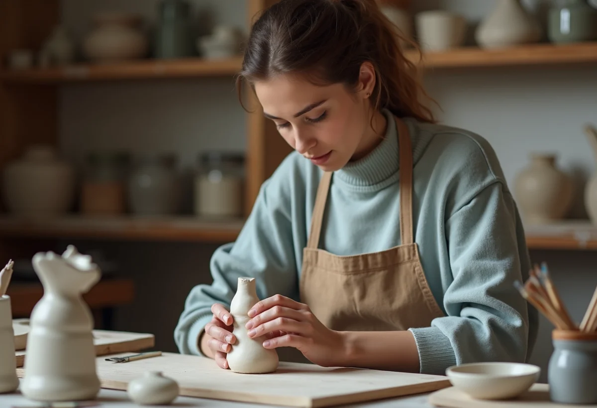Femme en atelier tenant une sculpture en argile en réflexion