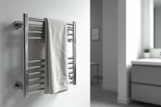 Sèche-serviette électrique chromé avec serviette blanche dans une salle de bain moderne aux carreaux gris