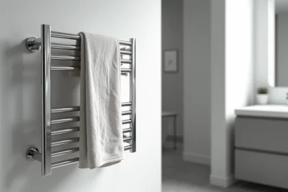 Sèche-serviette électrique chromé avec serviette blanche dans une salle de bain moderne aux carreaux gris