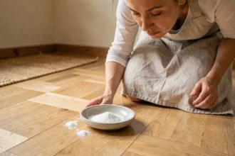 Femme examinant l'effet du sel d'oseille sur un parquet en chêne clair à l'intérieur d'une maison