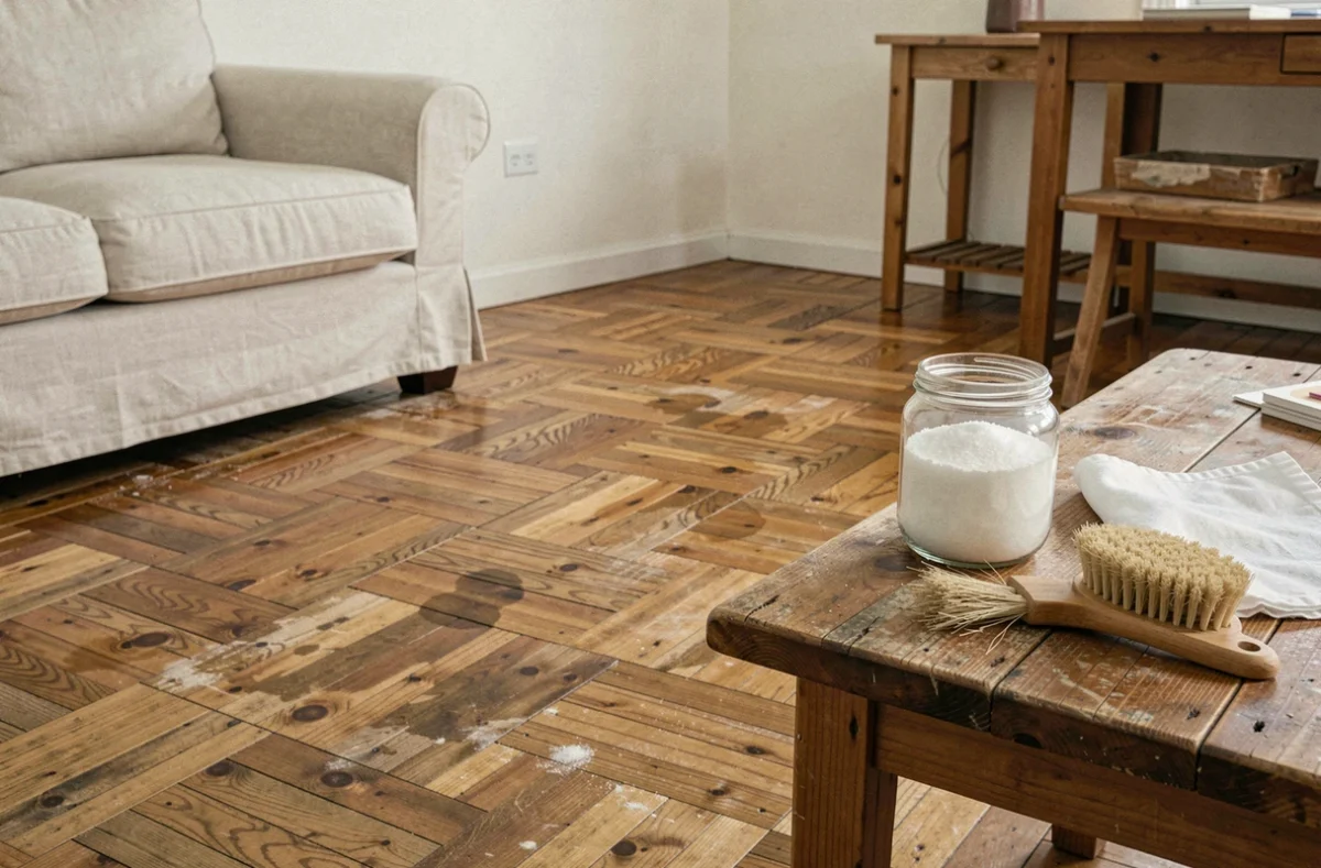 Parquet usé en bois avec du sel d'oseille dans un bocal en verre posé sur une table en bois dans un salon