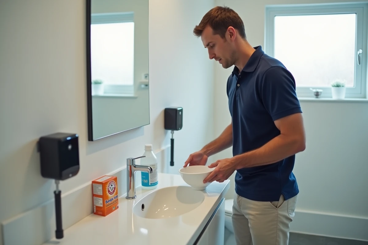 Homme préparant une solution maison de vinaigre et bicarbonate pour entretenir et déboucher un sanibroyeur mural