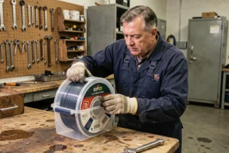Soudeur rangeant une bobine de fil fourré Parkside dans un conteneur hermétique pour éviter l'oxydation en atelier