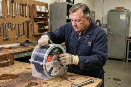 Soudeur rangeant une bobine de fil fourré Parkside dans un conteneur hermétique pour éviter l'oxydation en atelier