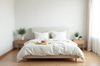 Chambre standard moderne avec lit double bien proportionné dans une pièce aux dimensions optimisées