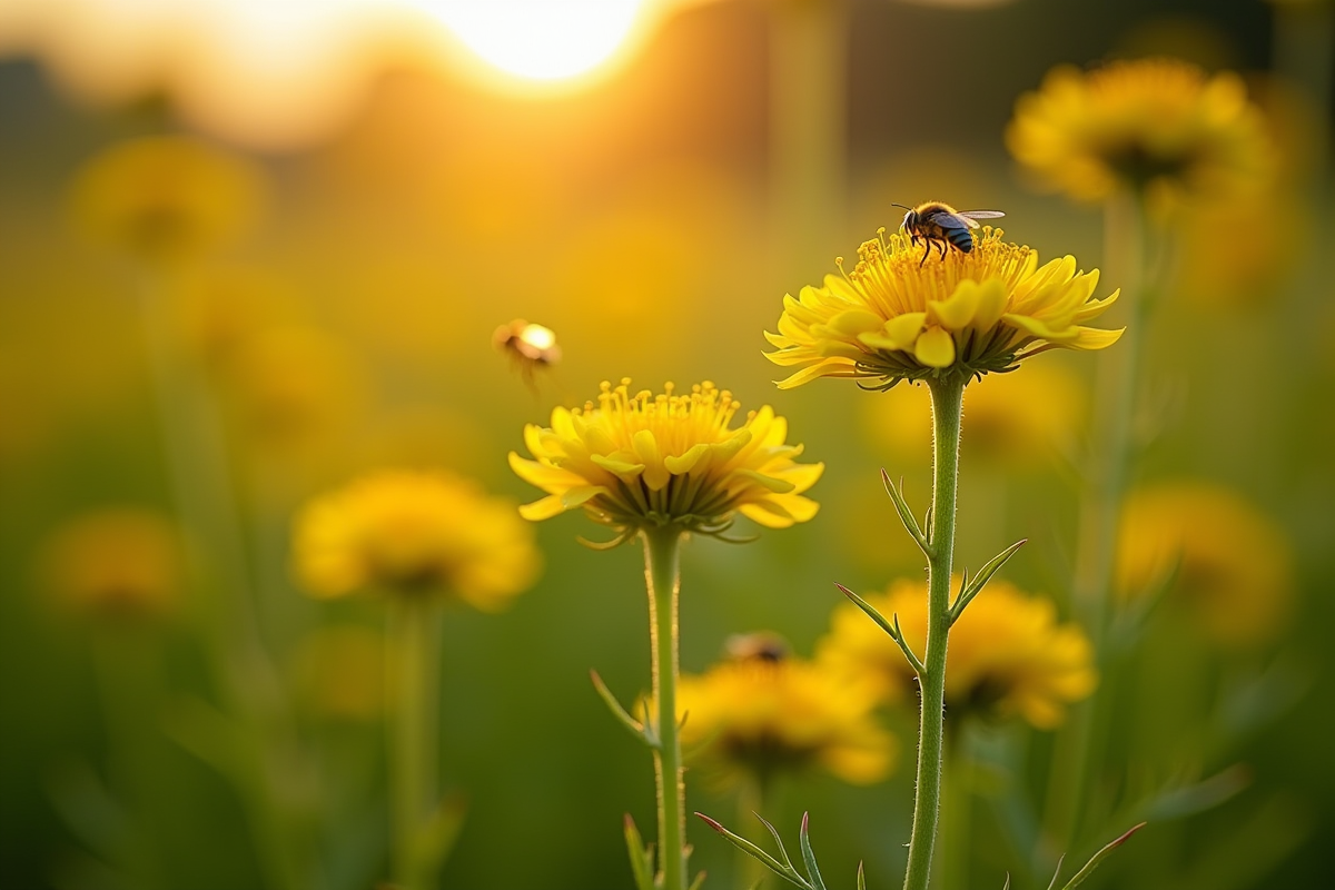 Fleurs de tanaisie jaunes attirant les syrphes au coucher du soleil